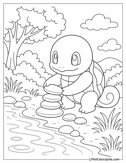 Squirtle Stacking Smooth Pebbles Beside a Pond Coloring Page