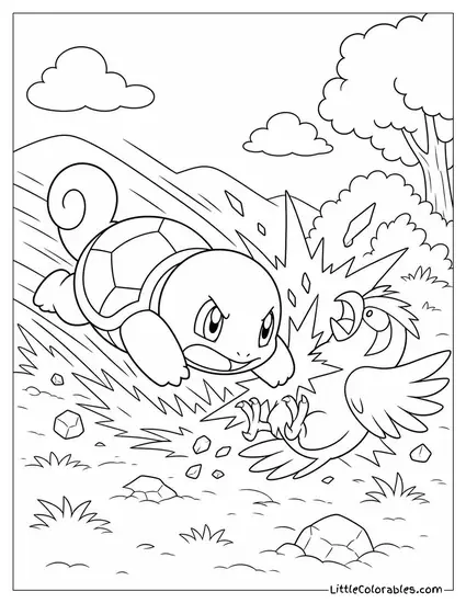 Squirtle Unleashing a Skull Bash Charge Headfirst into an Opponent Coloring Page