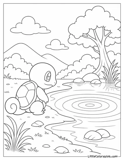 Squirtle Watching Ripples Spread Across a Still Pool Coloring Page