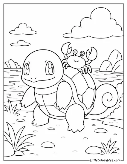 Squirtle with a Small Crab Perched on Top of Its Shell Coloring Page