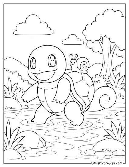Squirtle with a Tiny Snail Riding Along on Its Shell Coloring Page