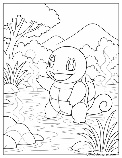 Squirtle with Morning Mist Rising from the Pond Around It Coloring Page