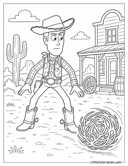 Standoff Pose Woody with Tumbleweed Rolling Past Coloring Page