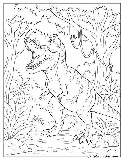 T-Rex Bellowing Beneath a Canopy of Ancient Trees Coloring Page