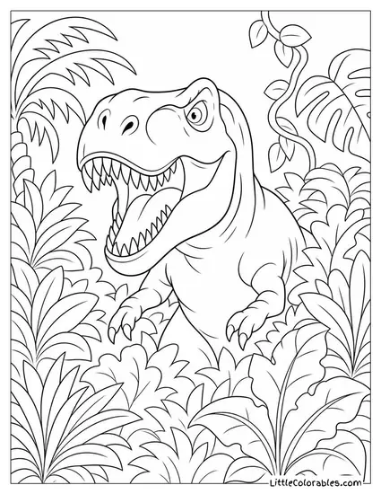 T-Rex Breaking Through a Cluster of Dense Undergrowth Coloring Page