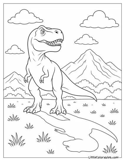 T-Rex Casting a Long Shadow Across a Grassy Plain Coloring Page