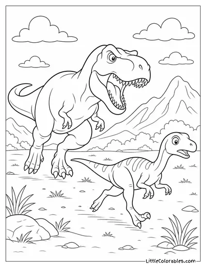 T-Rex Chasing a Smaller Dinosaur Across an Open Plain Coloring Page