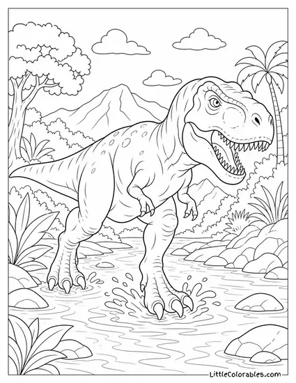 T-Rex Crossing a Shallow Stream During a Hunt Coloring Page