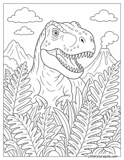 T-Rex Emerging from Behind Tall Prehistoric Ferns Coloring Page