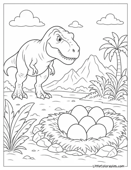 T-Rex Eyeing a Nest of Dinosaur Eggs from a Distance Coloring Page