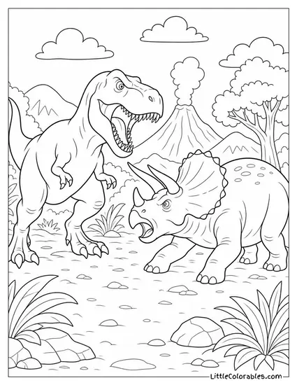 T-Rex Fighting a Triceratops in an Open Clearing Coloring Page