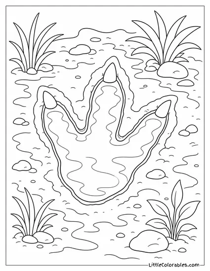 T-Rex Footprint Filled with Rainwater on Muddy Ground Coloring Page