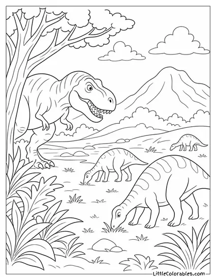 T-Rex Hunting Near a Herd of Grazing Dinosaurs Coloring Page