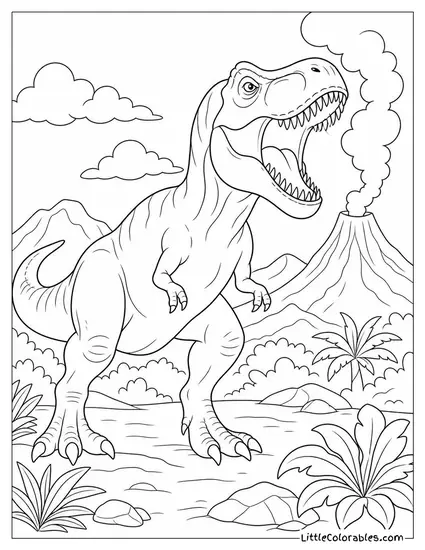 T-Rex Roaring as Smoke Rises from a Distant Volcano Coloring Page