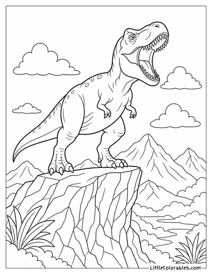 T-Rex Roaring at the Top of a Rocky Cliff Coloring Page