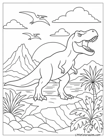 T-Rex Silhouette Against a Setting Prehistoric Sun Coloring Page