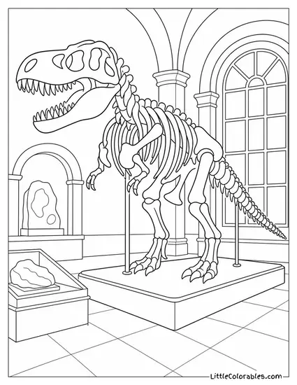T-Rex Skeleton Displayed in a Natural History Museum Coloring Page