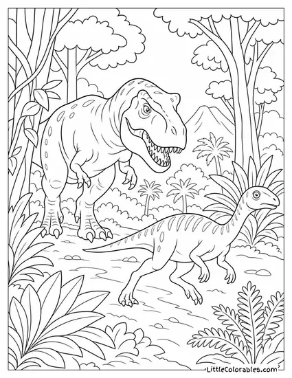 T-Rex Stalking Prey Through a Dense Prehistoric Forest Coloring Page