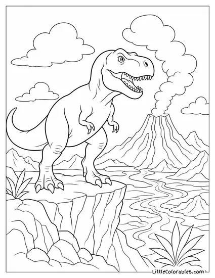 T-Rex Standing at the Edge of a Volcanic Landscape Coloring Page