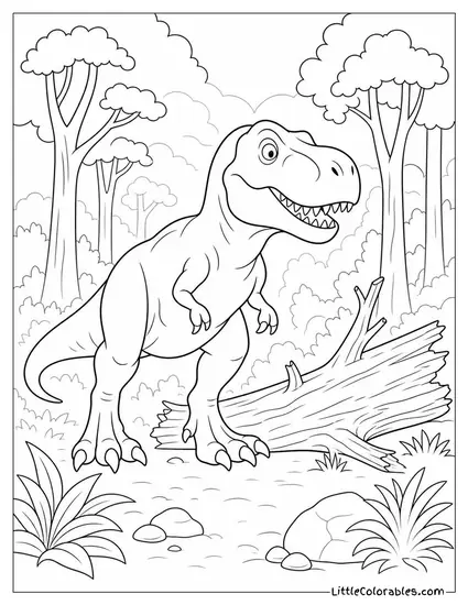 T-Rex Standing Beside a Fallen Tree in a Misty Forest Coloring Page