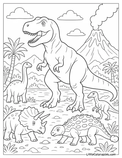 T-Rex Standing Tall Among Smaller Ancient Reptiles Coloring Page