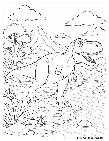 T-Rex Walking Along a Riverbank at Dawn Coloring Page