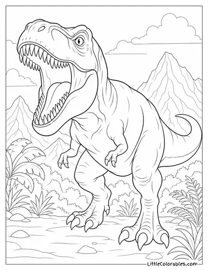 T-Rex with Its Mouth Open Mid-Roar Showing Every Tooth Coloring Page