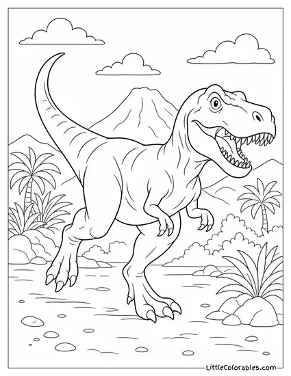 T-Rex with Its Tail Raised for Balance Mid-Stride Coloring Page