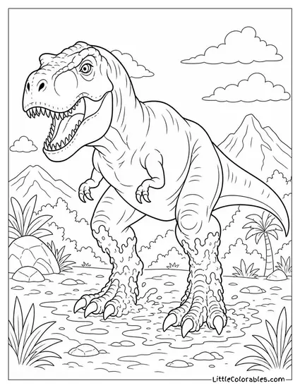 T-Rex with Mud Caked Along Its Powerful Legs Coloring Page