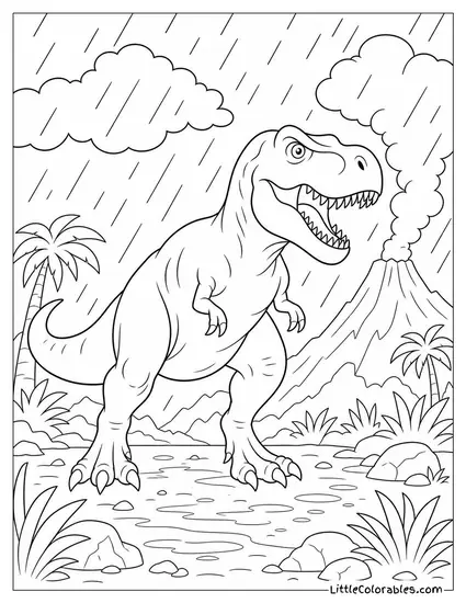 T-Rex with Rain Falling Around It in a Prehistoric Storm Coloring Page