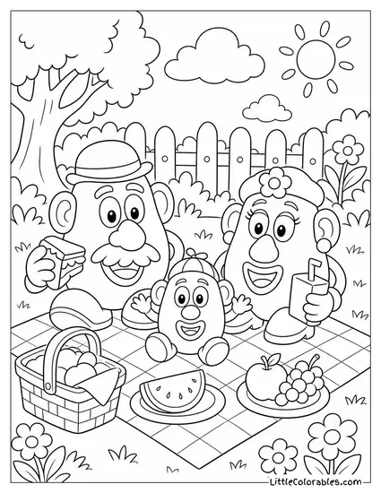 The Potato Head Family Having a Picnic in the Garden Toy Story Coloring Page