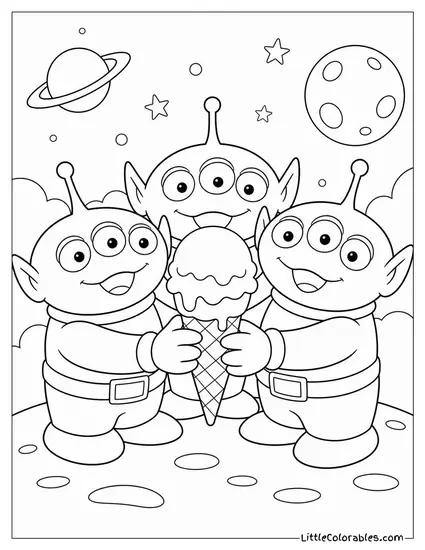 The Three Aliens Sharing a Single Ice Cream Cone Toy Story Coloring Page