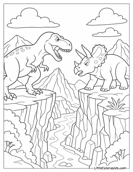 Two Rival Dinosaurs Facing Off Across a Rocky Canyon Coloring Page
