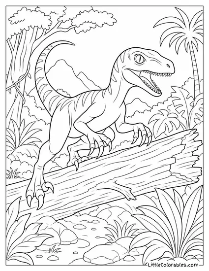 Velociraptor Climbing Over a Fallen Tree Trunk in Pursuit Coloring Page
