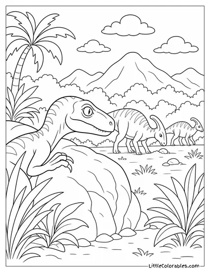 Velociraptor Crouched Low Behind a Boulder Watching Prey Coloring Page