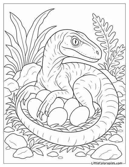 Velociraptor Curled Protectively Around a Clutch of Eggs Coloring Page