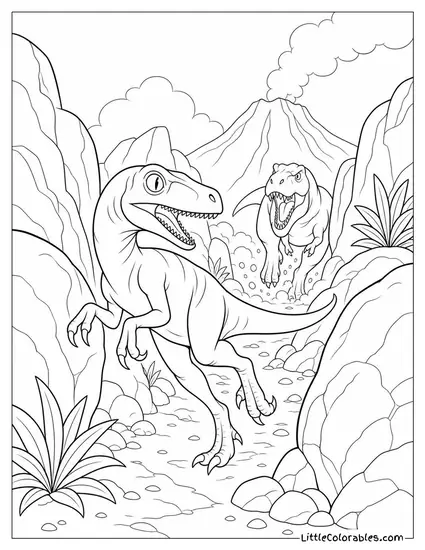 Velociraptor Darting Between Boulders During a Chaotic Chase Coloring Page