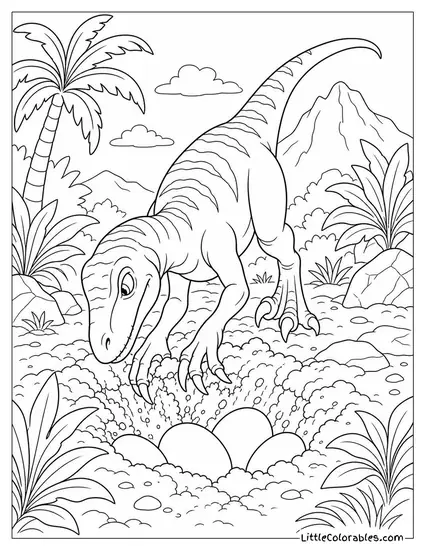 Velociraptor Digging Through Soft Earth Searching for Buried Eggs Coloring Page