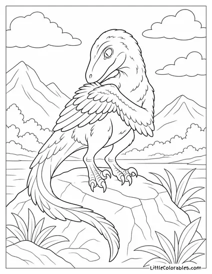 Velociraptor Grooming Its Feathers on a Sunlit Rock Coloring Page