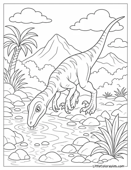 Velociraptor Lapping Water from a Shallow Rocky Pool Coloring Page
