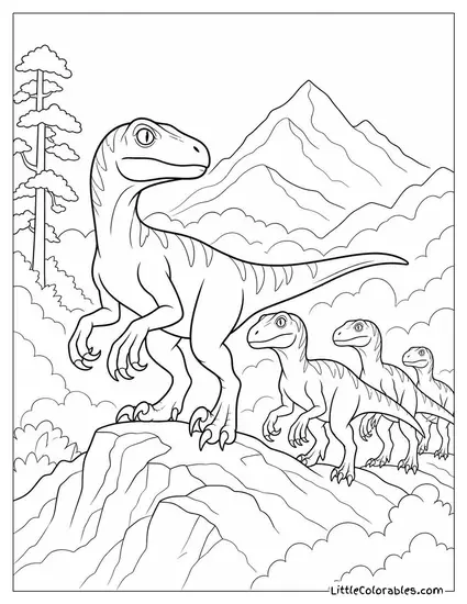Velociraptor Leading Its Pack Across a Fog-Covered Ridge Coloring Page