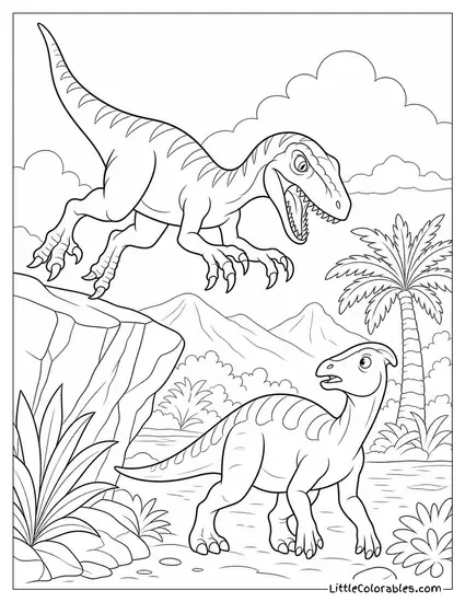 Velociraptor Leaping from a Rocky Ledge Onto Unsuspecting Prey Coloring Page