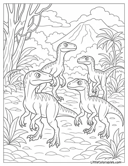 Velociraptor Pack Regrouping After Losing Sight of Their Prey Coloring Page