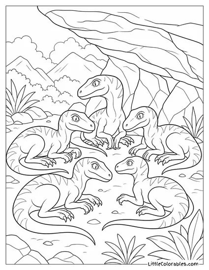 Velociraptor Pack Resting in a Circle Beneath a Rocky Overhang Coloring Page
