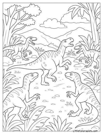 Velociraptor Pack Splitting Up to Surround a Fleeing Dinosaur Coloring Page