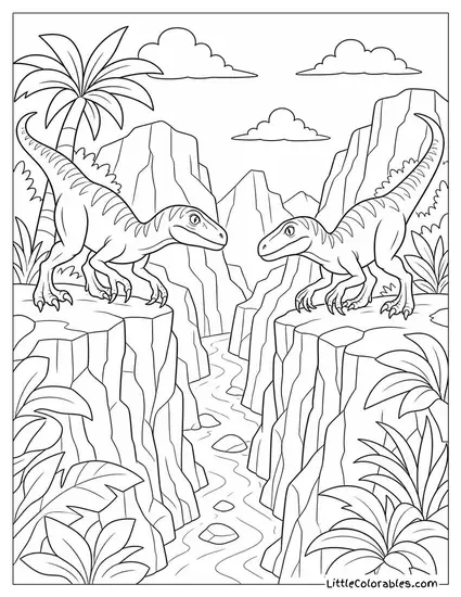 Velociraptor Pair Stalking Opposite Sides of a Narrow Gorge Coloring Page