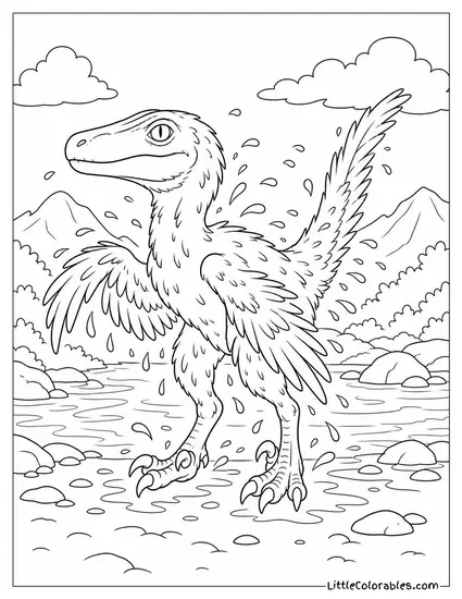 Velociraptor Shaking Water Off Its Feathers After a River Crossing Coloring Page