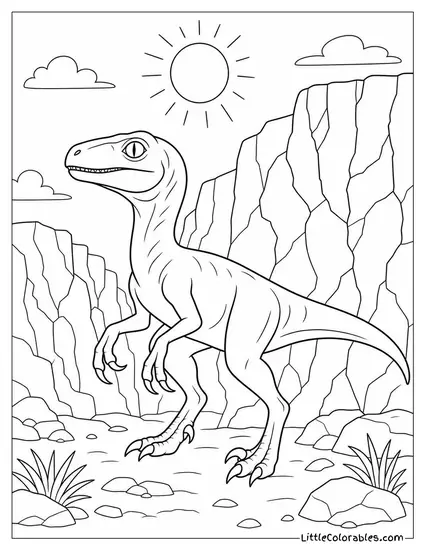 Velociraptor Silhouetted Against a Cracked Canyon Wall at Noon Coloring Page