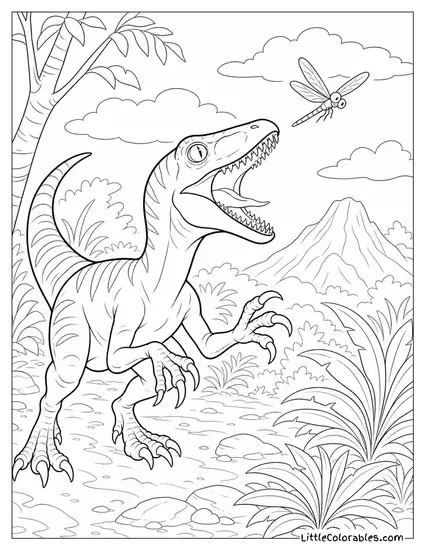 Velociraptor Snapping at a Dragonfly Buzzing Past Its Head Coloring Page