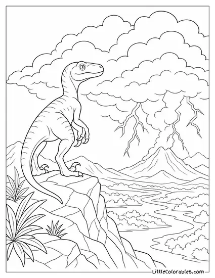 Velociraptor Watching a Thunderstorm Roll In from a High Ridge Coloring Page